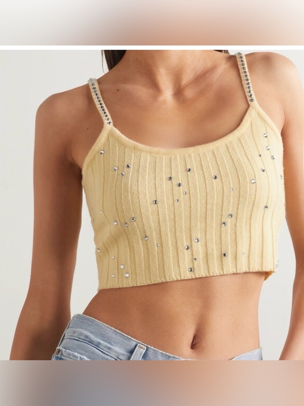 LoveShackFancy Celmira Crop Cami Cream Wool Cashmere Crystals, Small